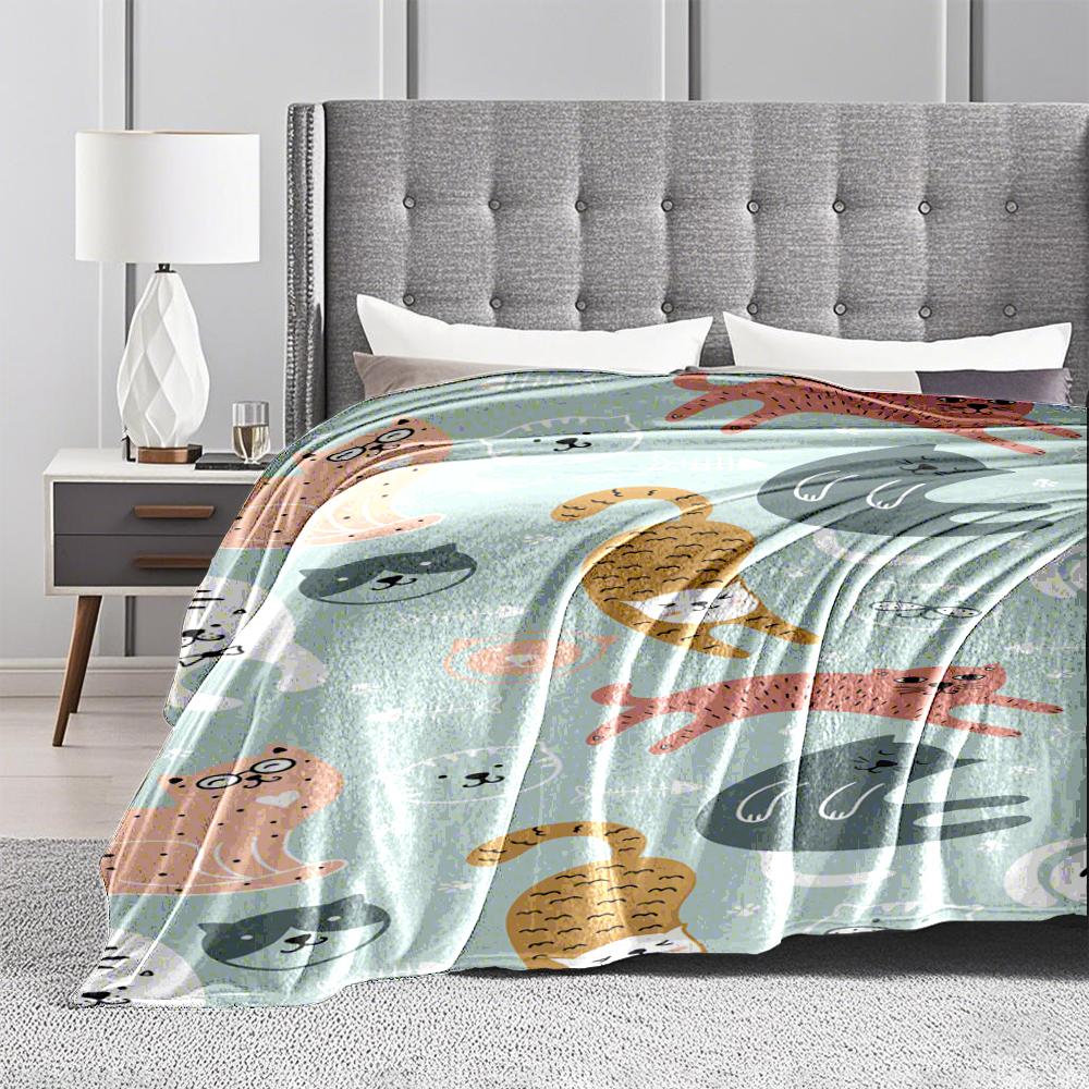 Playful Cats and Fishbone Pattern Flannel blanket for bedroom, living room, sofa, and nap