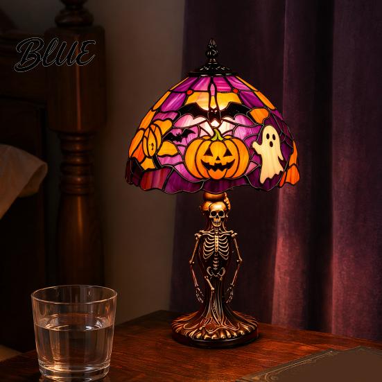 USB Plug-in Night Lamp Halloween Light Powered Stained Glass Lamp Retro Gothic Glowing Bookshelf Lighting with Warm Amber Purple Tabletop Decor for