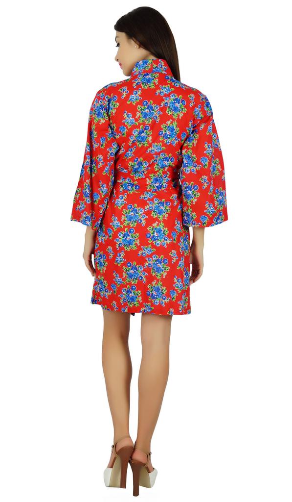 Bimba Women Red Floral Short Cotton Robe Bride Bridesmaid Getting Ready Wrap