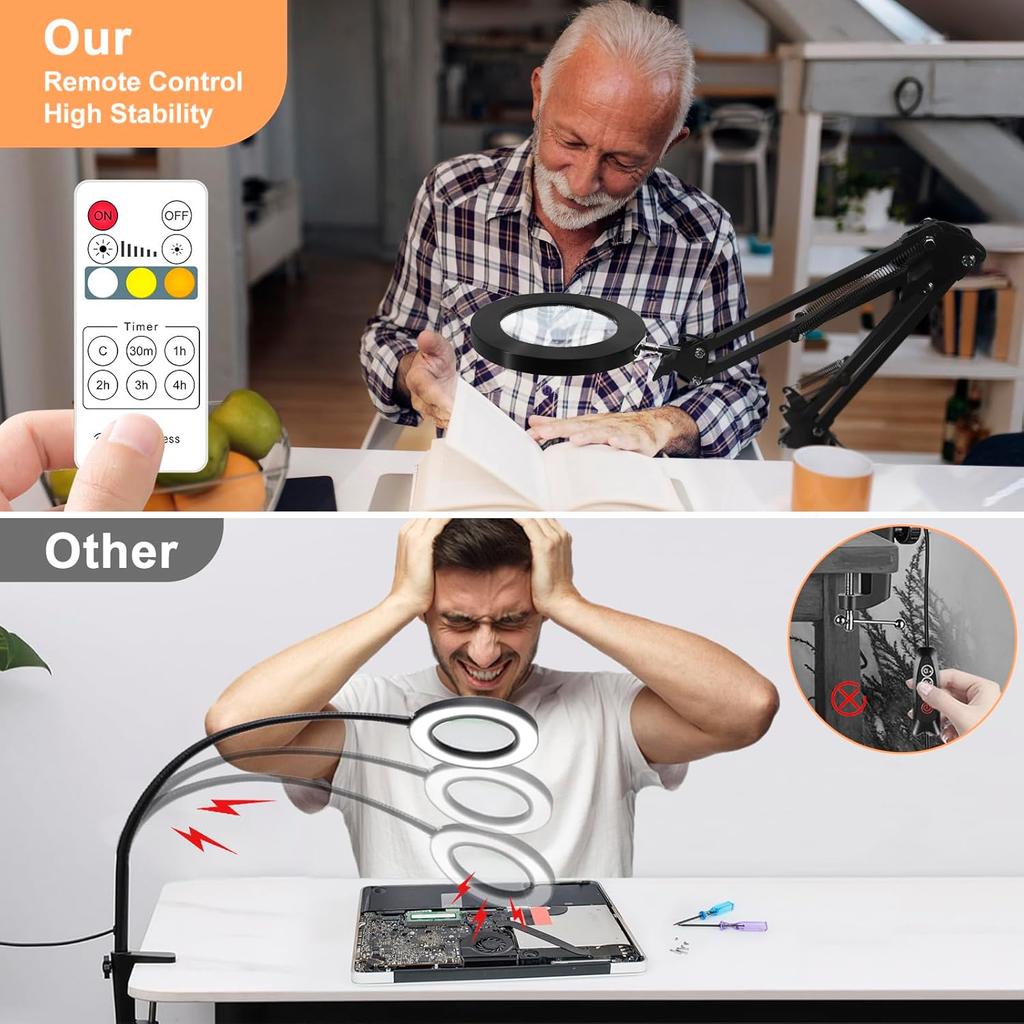 10X Magnifying Glass with Light and Stand, Remote Control Desk Magnifying Glass with Light- Stepless Dimming Craft Magnifying Lamp Hands Free