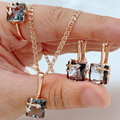 Блестящие серые наборы украшений с натуральным цирконом для женщин, модные, цвета розового золота, кольцо, серьги, ожерелье, повседневные изысканные украшения