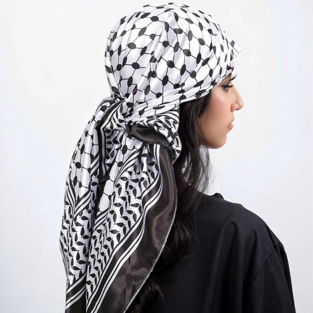 New Palestine Scarf Keffiyeh Women Printed Square Scarf Muslim Hijab Satin Silk Handkerchief Bandanna Muffler Headscarf Wraps