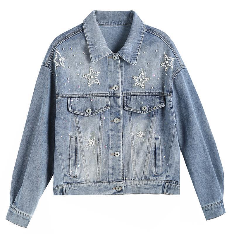 Джинсовое пальто, женская весенне-осенняя верхняя свободная универсальная куртка с бриллиантами из бисера