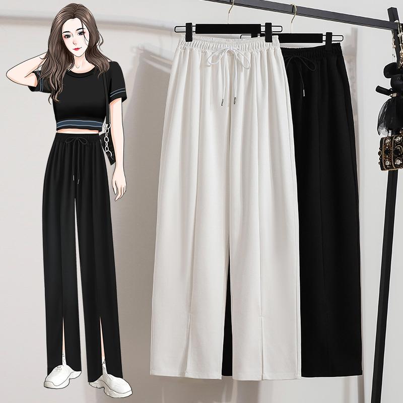 Dimanaf 2024 Plus Size Summer Long Pants Women Elastic Pants Loose Straight Casual Female Basic Trousers Wide Leg Pants White 5XL