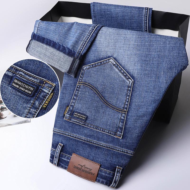 Летние тонкие высококачественные деловые мужские джинсы Slim Fit с эластичной резинкой, прямые свободные повседневные брюки