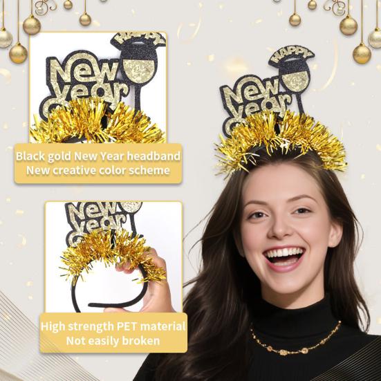 2026 Новогодняя повязка на голову с логотипом в виде цифр, черно-золотой дизайн с пайетками, украшенная лентами, обруч для волос, реквизит для командного единства