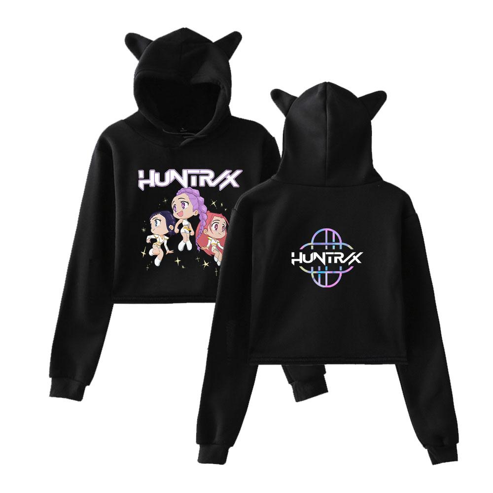 Модный K-pop Худи с принтом «Охотники на демонов», Каваий Кроп-топ, Забавный укороченный свитшот с кошачьими ушками, Пуловер с капюшоном, Женские топы, Уличная одежда
