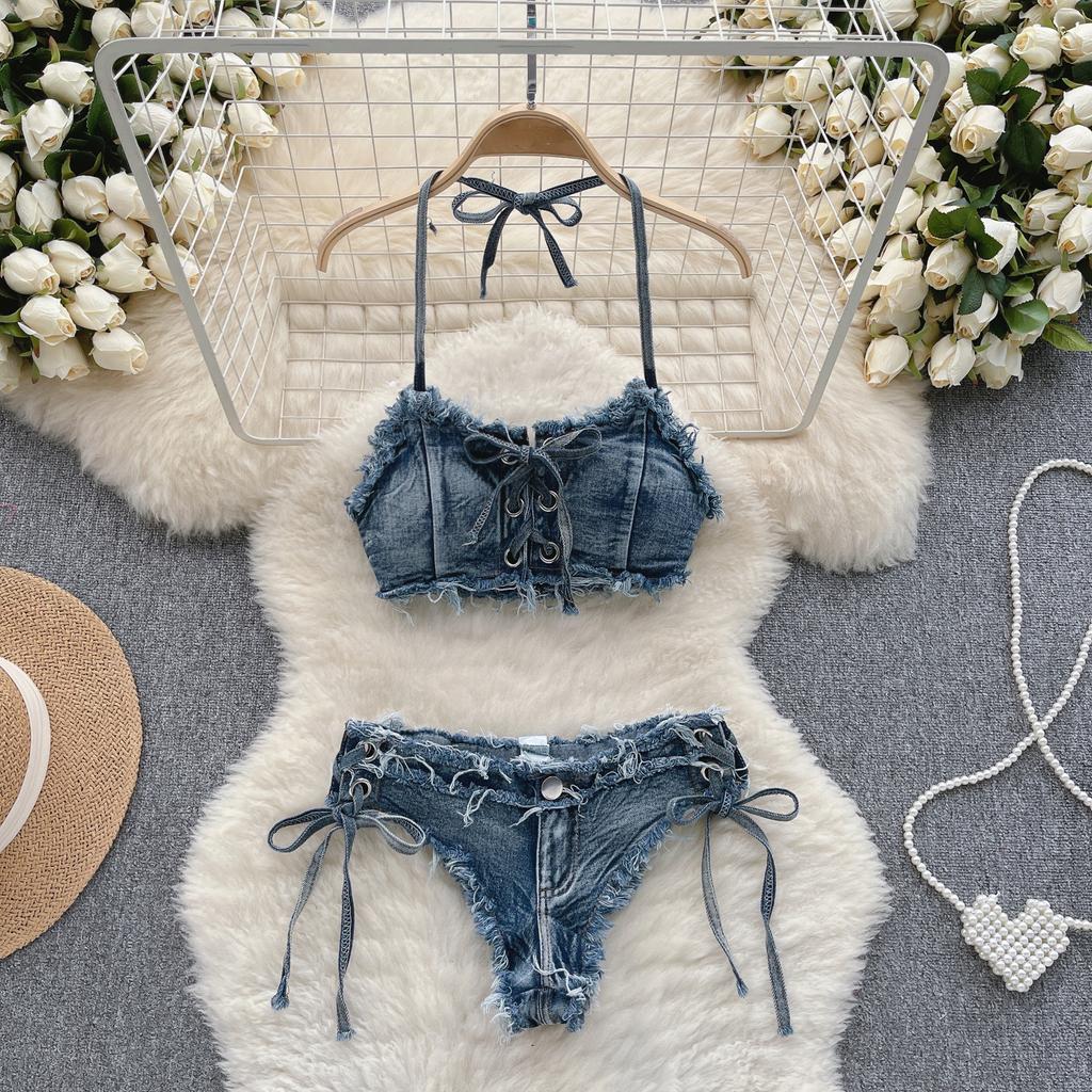Винтажный комплект на шнуровке Design Sense из 2 предметов Купальник женский эстетический с подвесной шеей ковбойский бандажный комплект бикини женский корейский дизайнерский песочный пляжный костюм