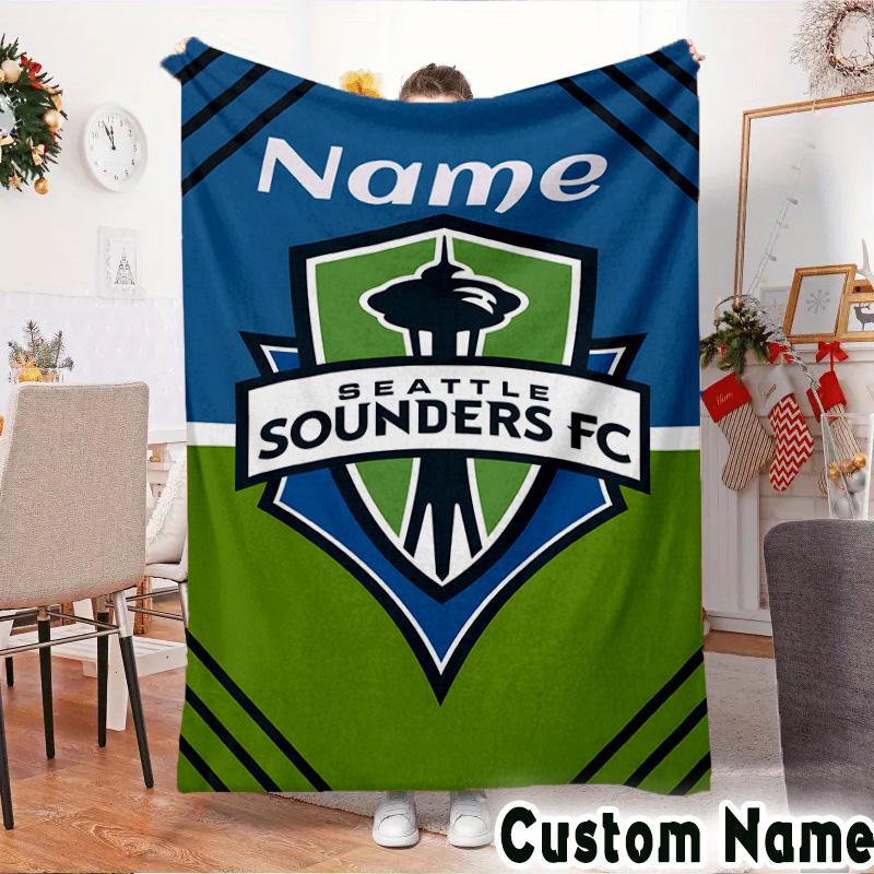 Custom Name Seattle FC Crest Throws Blanket Flannel Blankets for Couch Bed Gifts for Men Women Picnic blanket Christmas fan gifts