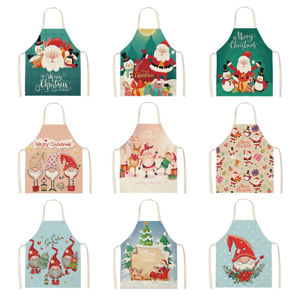 Linen Santa Kitchen Apron Christmas Snowman Unisex Dinner Party Cooking Bib Christmas Tree Apron Cleaning Apron