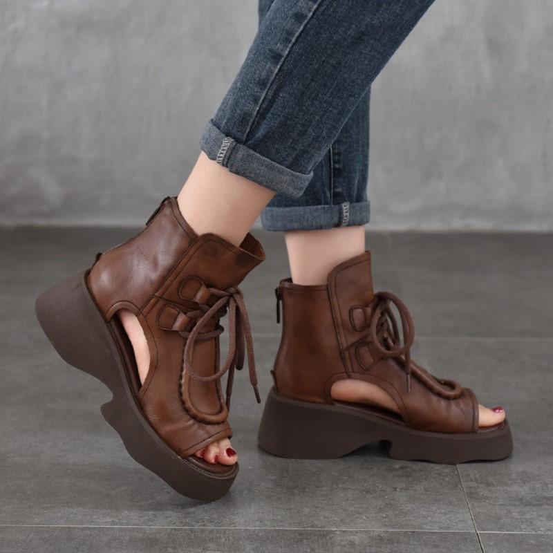 Johnature Женская обувь из натуральной кожи, римские сандалии, винтажные летние сапоги с застежкой-молнией сзади и открытым носком на толстой подошве