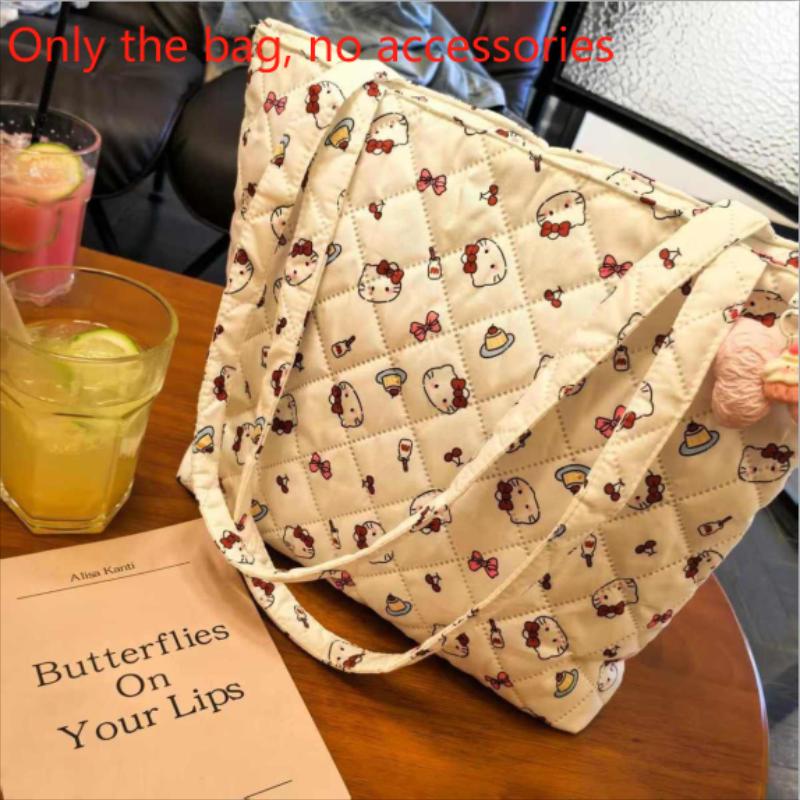 Милая сумочка Sanrio Hello Kitty, вместительная сумка для хранения вещей, женская сумка-тоут из хлопка, сумка через плечо, портативная дорожная сумка.