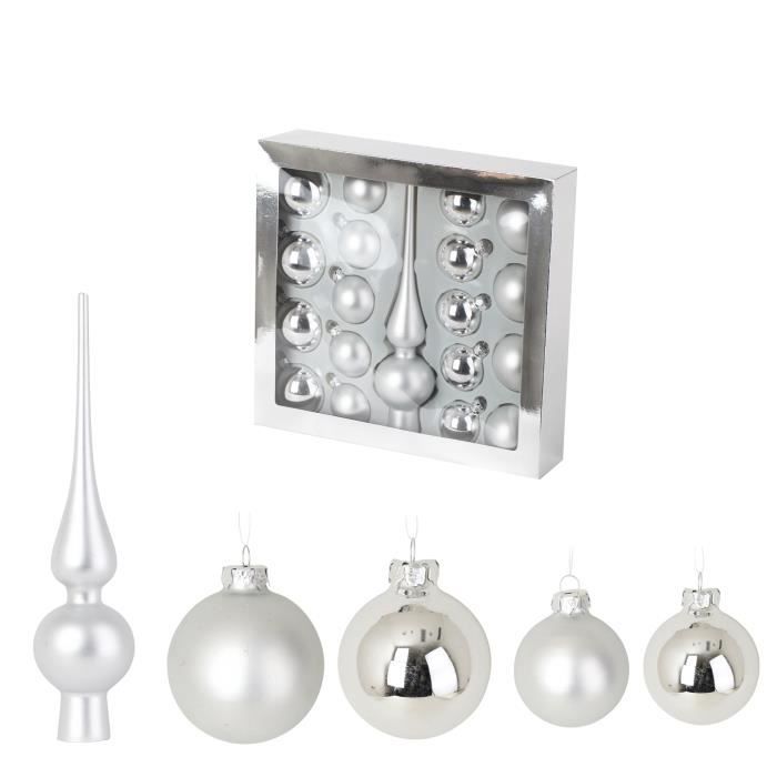 Kit de 19 Boules de Noel Argent - 1001kdo - Assortiment de boules de 5 et 6 cm - Décoration de Noël