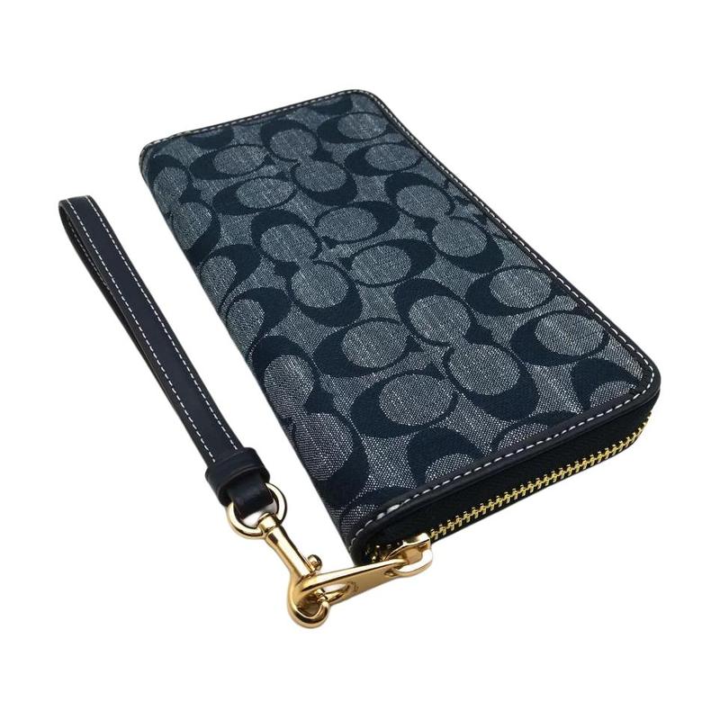 COACH Zip Around 19 Classic Monogram Carriage and Horse Logo Allover Print Canvas and Smooth Leather Clutch Wallet Regular Women's Blue blue