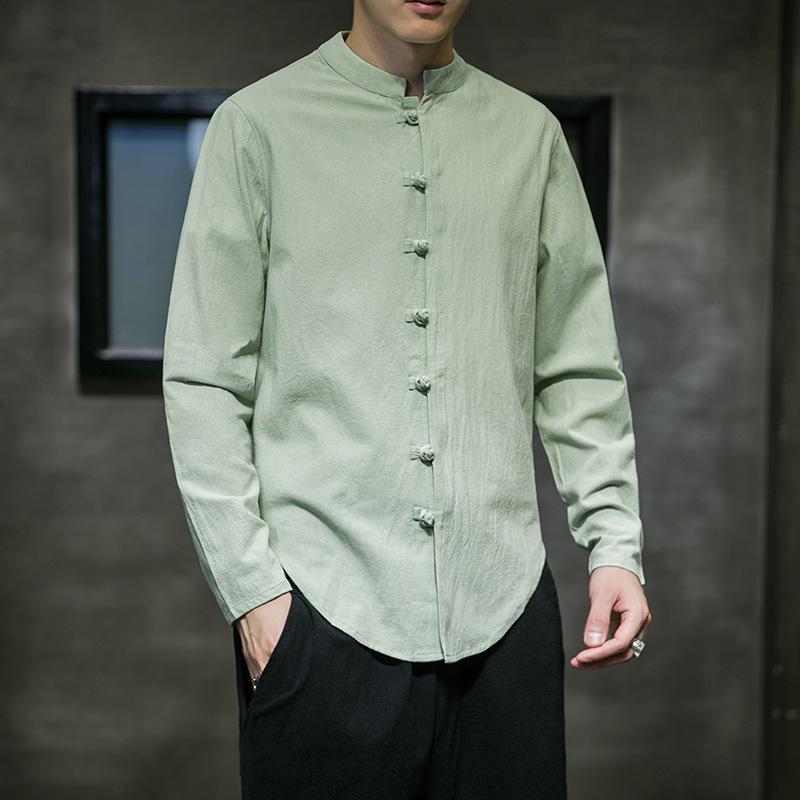 Мужская повседневная рубашка из хлопка и льна в китайском стиле 2023 года — большой размер, однотонная, на пуговицах, коллекция весна/лето