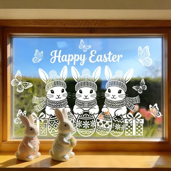 Glass Sticker Static Window Film Peel Stick No Glue Privacy Window Film Easter Bunny Egg Design Easy Remove Bubble-Free Decorative Window Film