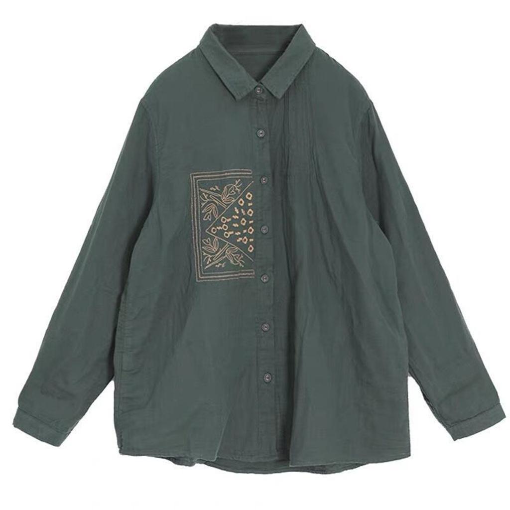 Женская рубашка весна-осень с тонкими секциями и вышивкой на лацканах из хлопка и льна, повседневная удобная рубашка с пуговицами