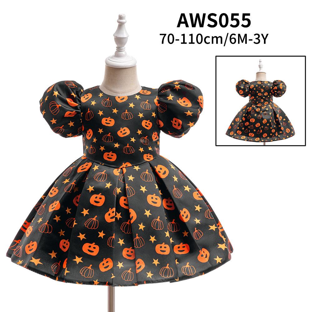 Kids Satin Printed Princess Dress Collection, Halloween Girls Role Play Formal Gown