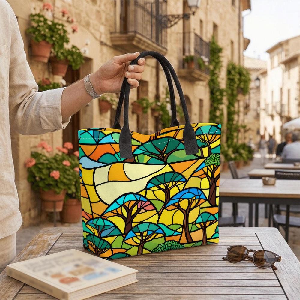 Stained Glass Tree Printed Tote Bag Daily Use Casual Shoulder Bag
