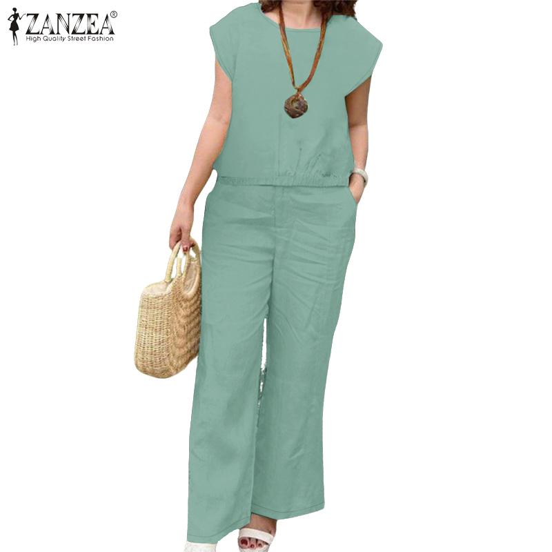 ZANZEA Женский летний комплект из двух частей: блузка с коротким рукавом и брюки