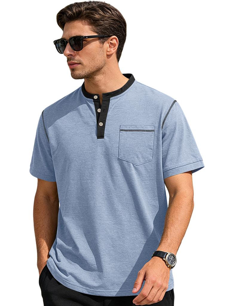 Mens Stand Collar Button Short Sleeve Business Casual Solid Polo Shirt