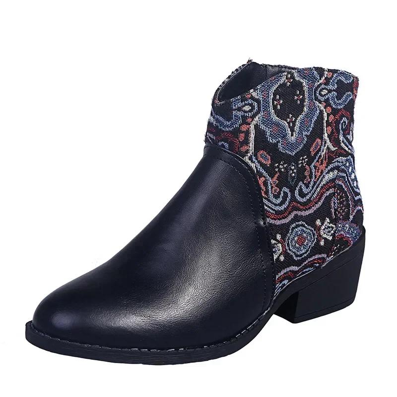 Fashion Women Retro Mid Heels Pointed Casual Ankle Boots Ethnic Autumn Flower Patterned Patchwork Short Boots Botas Mujer Booties Shoes