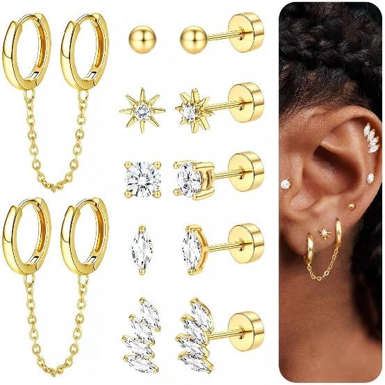 Bobisty 6 Pairs 14K Gold Plated Flat Back studs Earrings for Women Men Hoop Earrings Stacks Cartilage Piercing Jewelry3