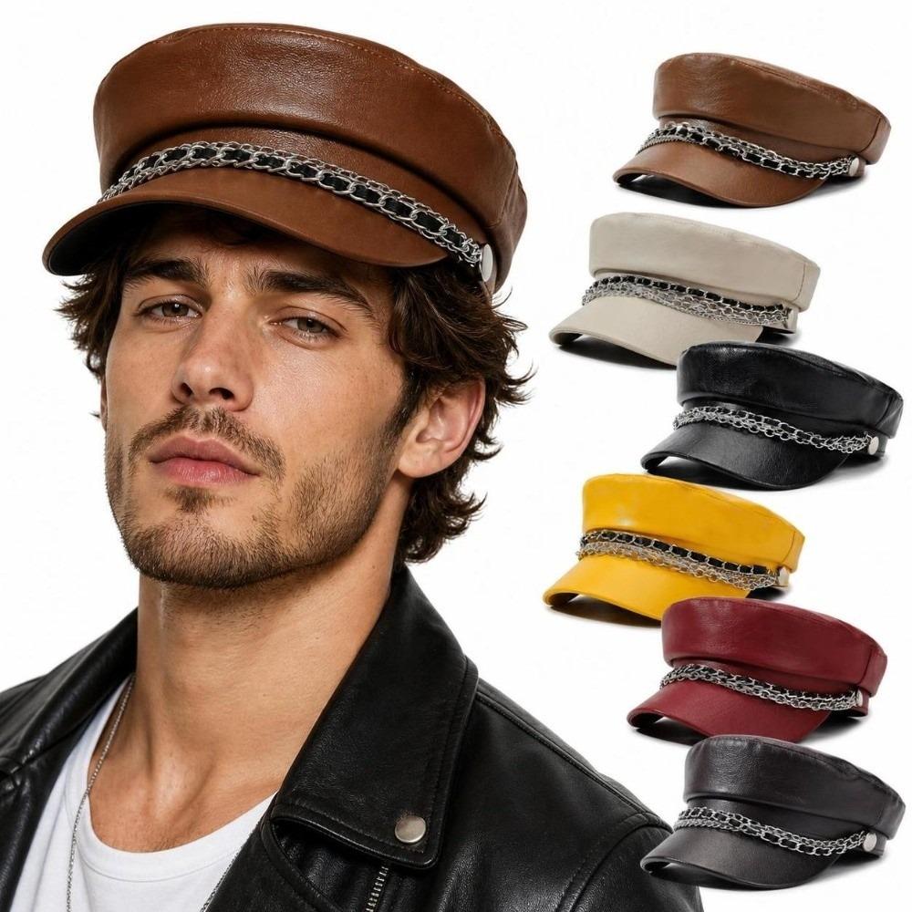 PU Leather Beret Hat Silver Chain Decor Octagonal Beret Cap Vintage Peaked Hat Autumn Winter