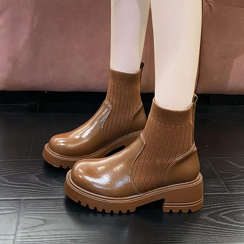 Женские ботинки большого размера 2025 Новые модные вязаные лоскутные модные ботинки Толстая подошва Толстый каблук Стройнящие короткие ботинки