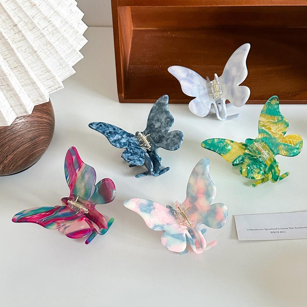 Elegant Butterfly Acetate Hair Claw Clip For Stylish Women In Marble Blue And Rainbow Colors