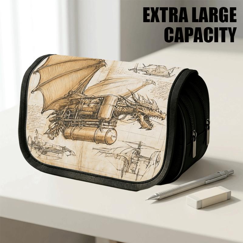 1pc Flip-Top Pencil Case, Steampunk Dragon Brown Large Capacity Thickened Oxford Pencil Bag Double-Layer Zipper Pencil Pouch, Aesthetic Back to School