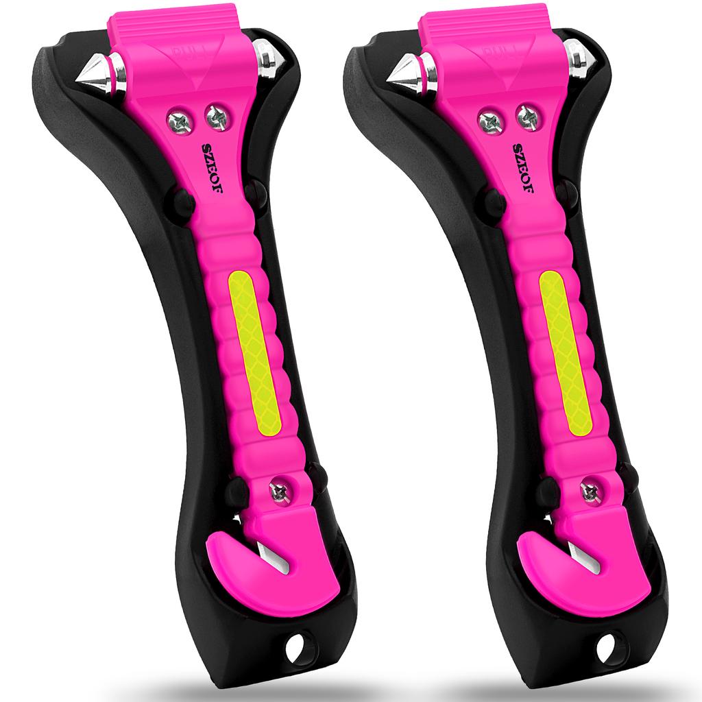 Car Emergency Escape Window Breaker with Reflective Tape and Seat Belt Cutting Hammer, Multifunctional Hammer, Red,Yellow, Pink