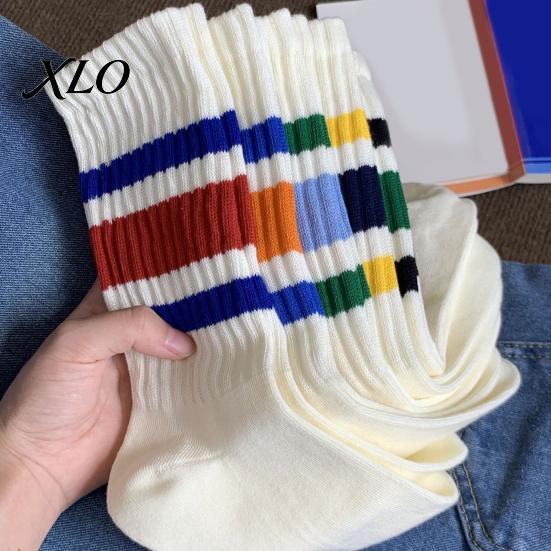 Unisex Mid Calf Socks Mid-calf Sports Socks, Cotton Contrast Striped Crew Moisture Cushioned Footbed Wicking Athletic for Autumn And Winter Daily Wear