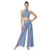 Womens Halter Neck Sleeveless Rhinestone Mesh Crop Top Wide Leg Pants Two Piece Dance Set