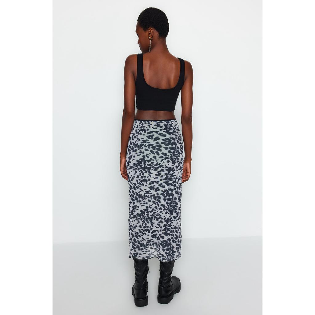 Black Waist Detailed Printed Stretchy Tulle Maxi Knitted Skirt Twoaw24et00124