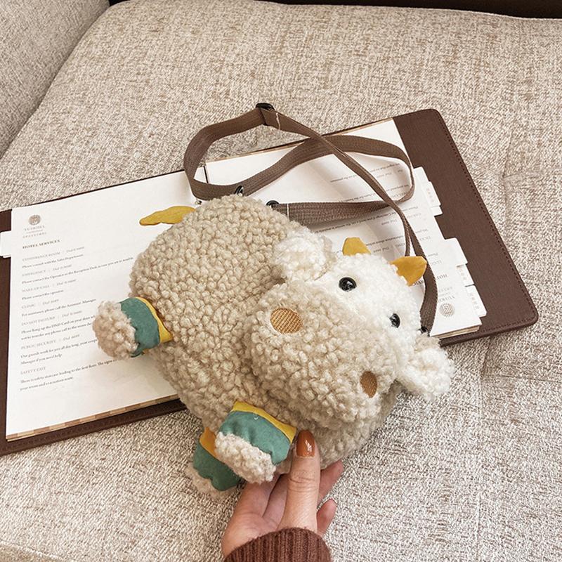 Lovely Cartoon Cow Shape Plush Messenger Bag Kid Designer Bag Cattle Crossbody Bags Small Handbags Coin Bag Purse Women'S Bag