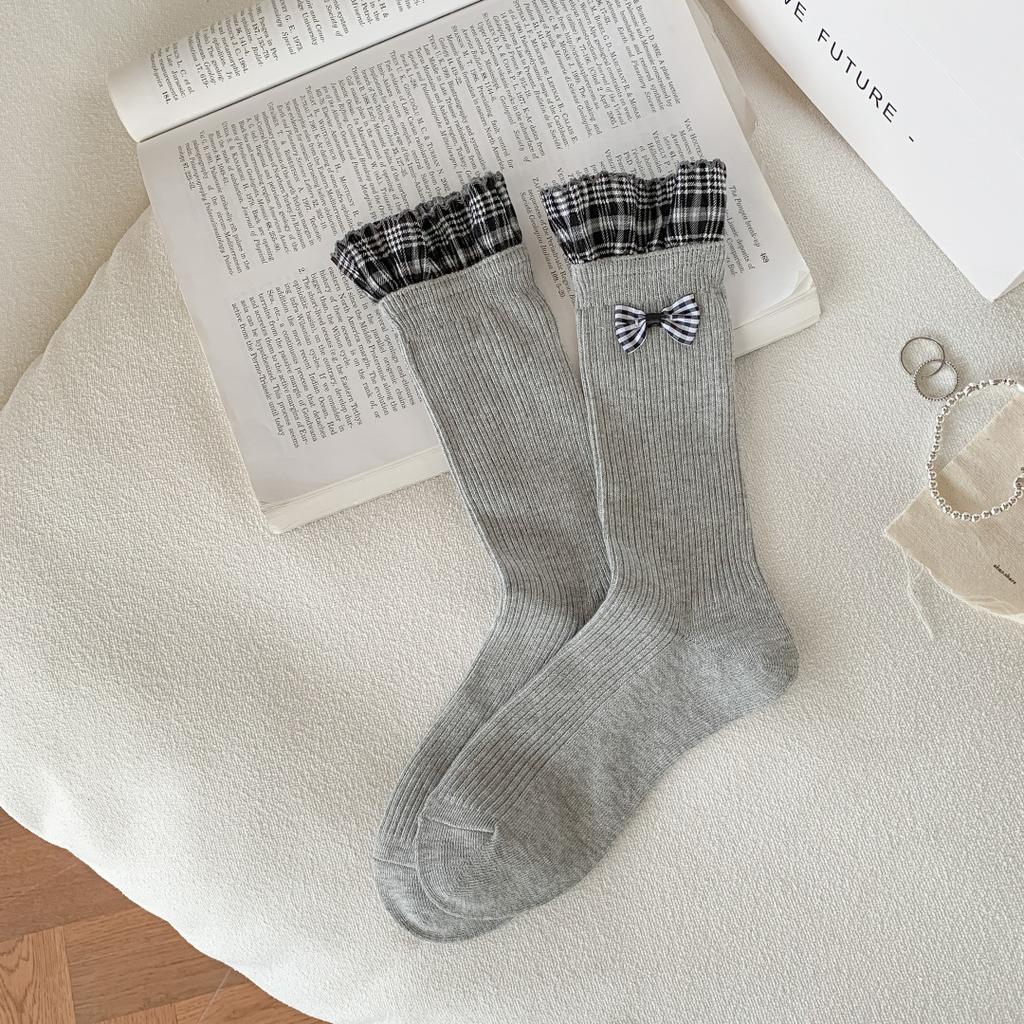 Autumn And Winter Plaid Lace Women'S Socks Vintage Literary Pile Socks Japanese College Style Bow Bow Socks Miu