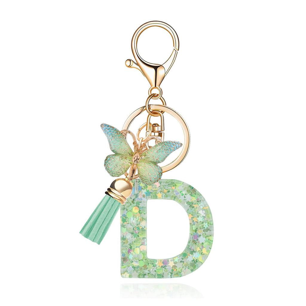 A-Z Dreamy Letters Keychain for Women Tassels Butterfly Pendant Initial Keyrings Purse Suspension Bags Car Key Chain Pink