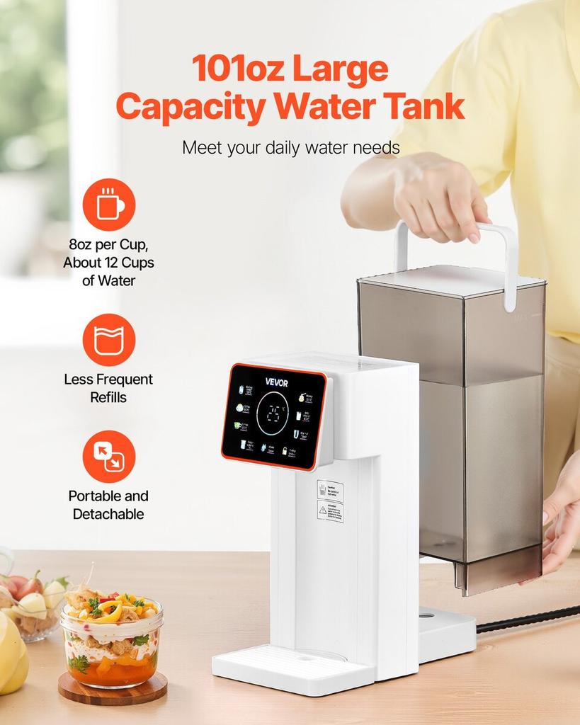 Instant Hot Water Dispenser, Countertop Boiling Water Dispenser with Adjustable 6 Temps & 8 Water Volumes, 101oz(3L) Removable Water Tank, Quick