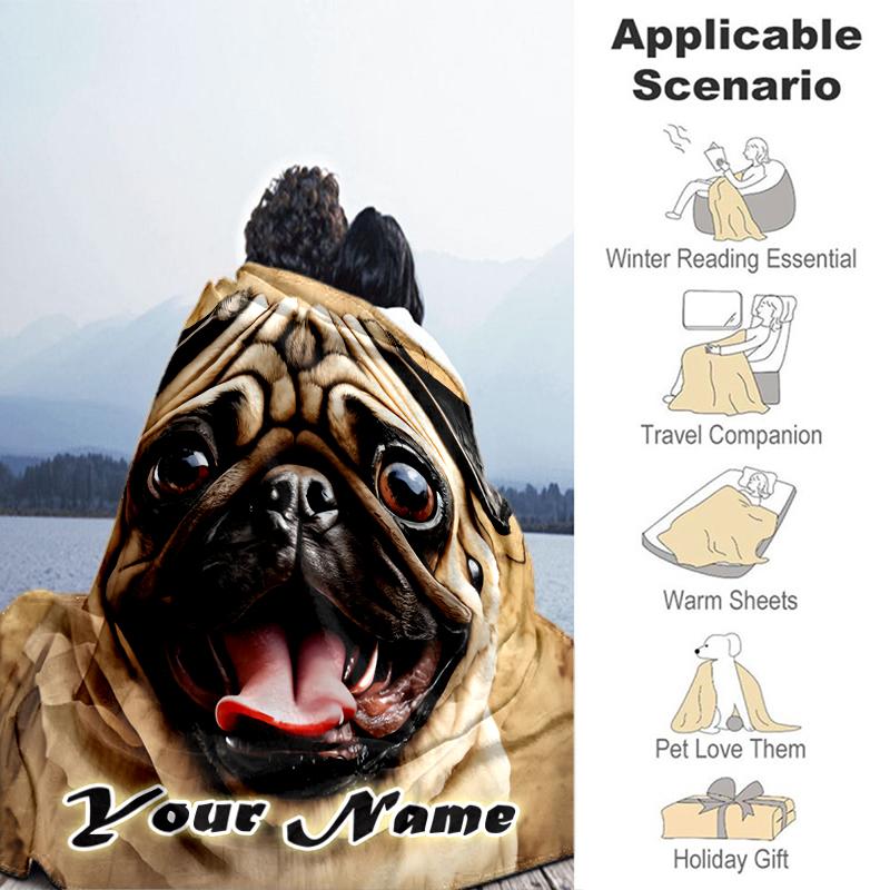 1PC Custom Name Pug Portrait Custom Artwork flannel blanket versatile,all-season throw suitable for the living room,bedroom,camping,travel,and gift