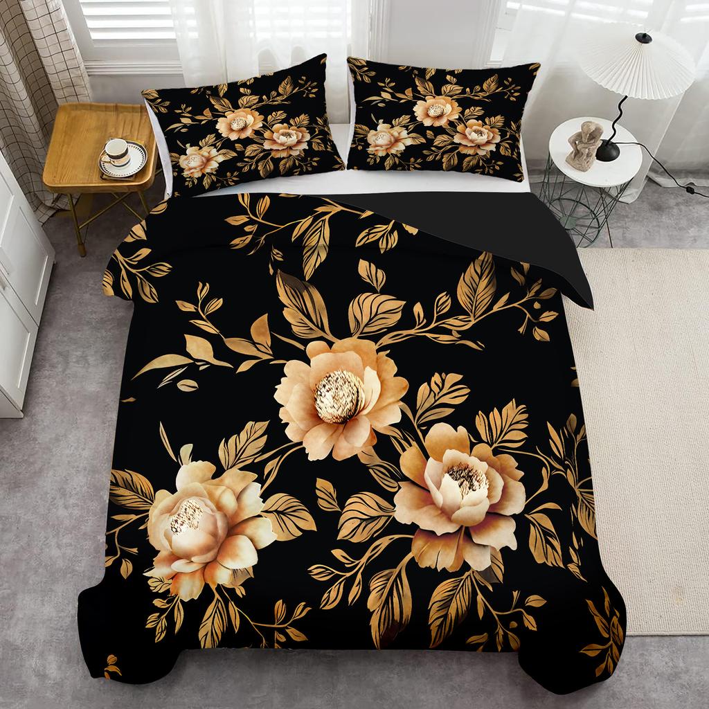Gold Flower Pattern 3D Printed Quilt Cover Elegant Soft Comfortable Bedding Set Luxury Home Textiles Duvet Cover Set Pillowcases