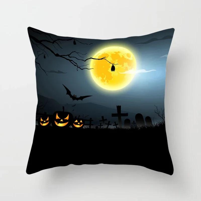 Halloween Horror Pumpkin Bat Print Pattern Cushion Cover Home Living Room Sofa Decoration Polyester Zipper Pillow