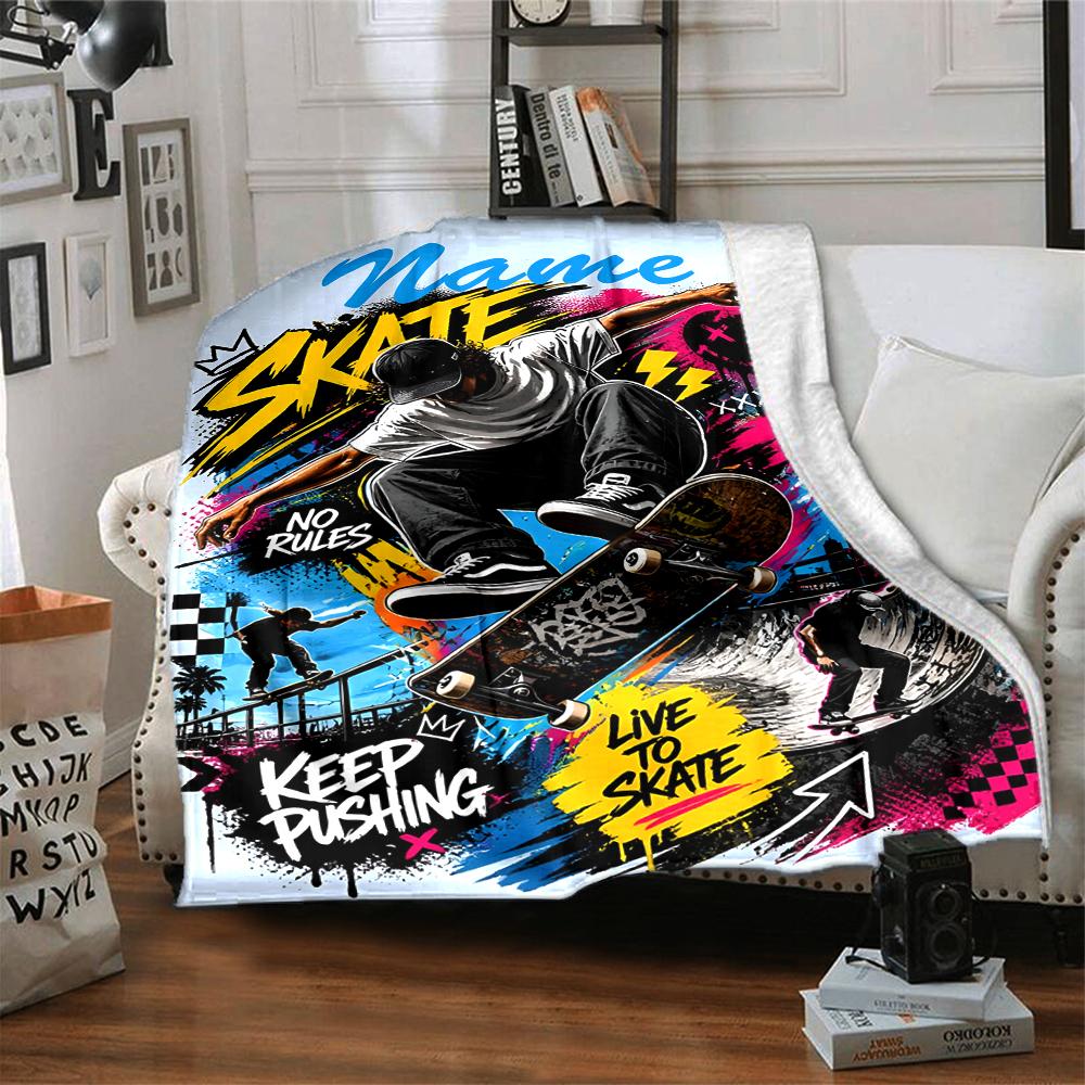 Custom Name skateboard Theme Printed Blanket - Perfect for Couch, Bed, Travel & Outdoor Use | Machine Washable, Cozy & Durable.
