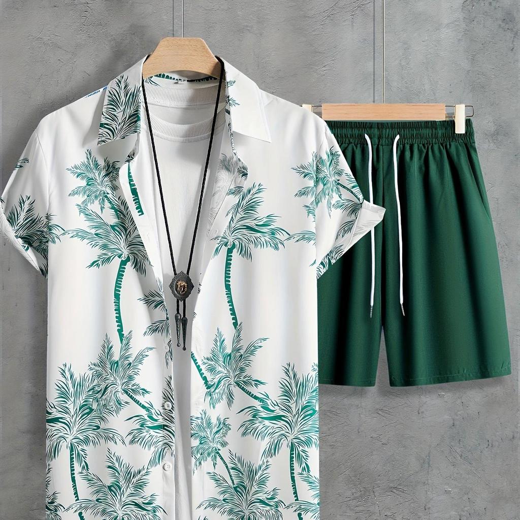 Мужская рубашка с короткими рукавами и пляжные шорты с принтом кокосовой пальмы. Летний повседневный комплект из мужской рубашки и пляжных брюк.