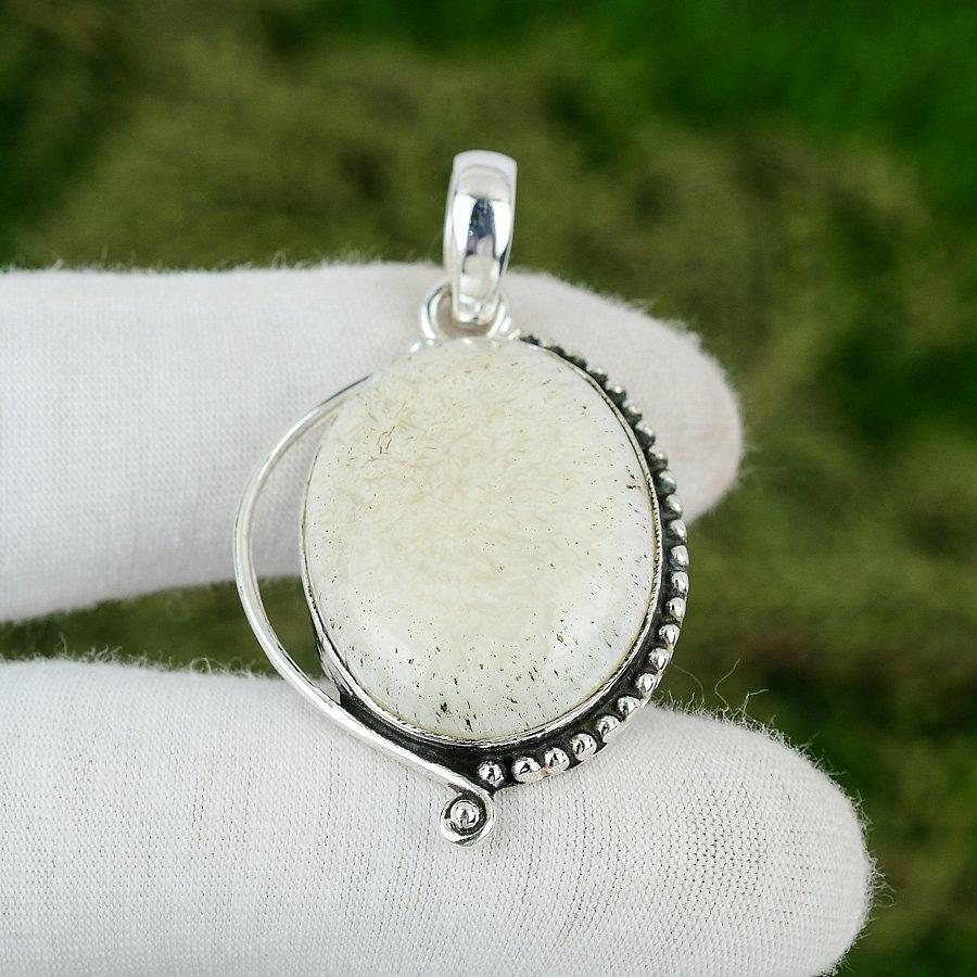 Овальный Натуральный Сколецит Чакра Короны Ручной Работы Подвеска для Помолвки Стерлинговое Серебро