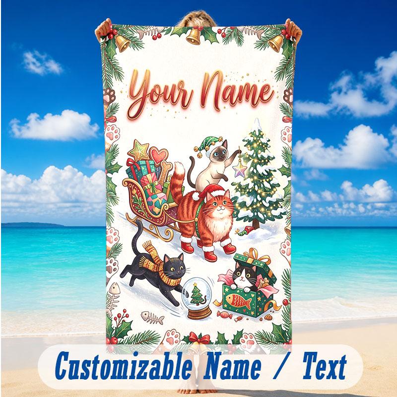 Cat Theme Beach Towel Personalized Custom Name & Text Soft Quick Dry Beach Towel for Swimming Travel