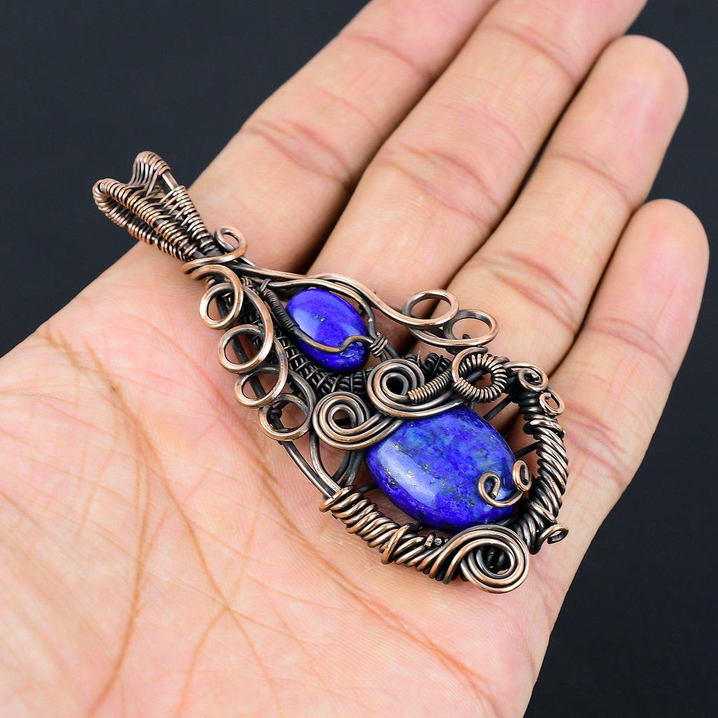Подвеска из лазурита, ювелирное изделие из драгоценного камня ручной работы, подвеска, обернутая медной проволокой 999 пробы, ювелирная подвеска уникального дизайна
