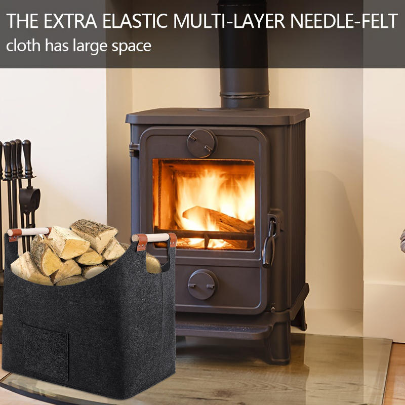 Felt Basket Firewood Box with Wooden Handles Foldable Firewood Basket Storage Basket for Firewood Wood Newspapers Clothes