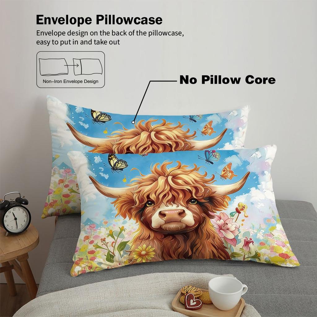 3pcs Set (1 Duvet Cover+2 Pillowcases, Without Core) Duvet Cover Set with Highland Cow Pattern on The Grass, Soft And Comfortable, Suitable