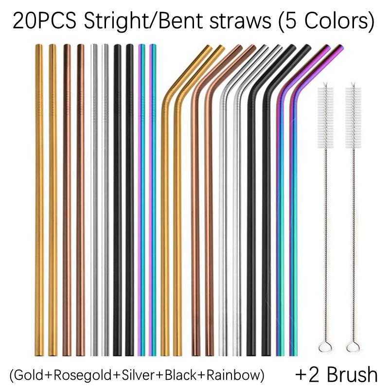 6*215mm 10 Colors Eco-friendly Reusable Metal Straws Set 304 Stainless Steel Drinking Straw Cocktail Party Favor Bar Accessory